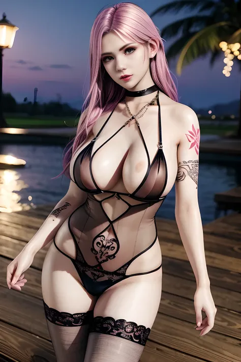 1 girl,standing posture,halter neck, bare shoulders, pantyhose, bodysuit,( see-through:1.2),lingerie, fishnets, outdoor,elegant,nighttime,moonlighe,shiny skin,( huge breasts), red lips,( tattoos:1.3), masterpiece, best quality, realistic ,Rich artistic col...