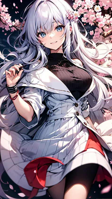 最high quality、best image quality、masterpiece、girl((18-year-old、 By becoming、vest bust、medium bust,wide open breast tea、shining eyes, silver hair、long hair、thin,highest valley、、white sailor suit、White short skirt、Wristband、smile、dance)),high quality、beautif...