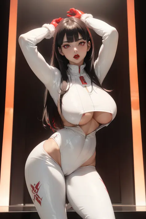 (masterpiece, best quality, cinematic, photorealistic, ultra-detailed), (1girl, Japanese:1.2), sexy body, (wide shot, from the front, full body view, from head to toe:1.5), good hands, wide hips, (underboobs, bursting breasts:1.5), (round ass), (wearing ve...