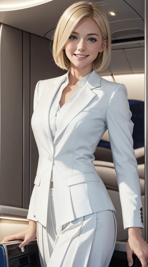 Young blonde with blue eyes and short straight hair , she is wearing,wearing a white blouse, Smooth white tight suit suit check pleated pleated skirt、,she is smiling, She is showing her teeth, night view, better quality, masterpiece, 8K, cinematic lighting...