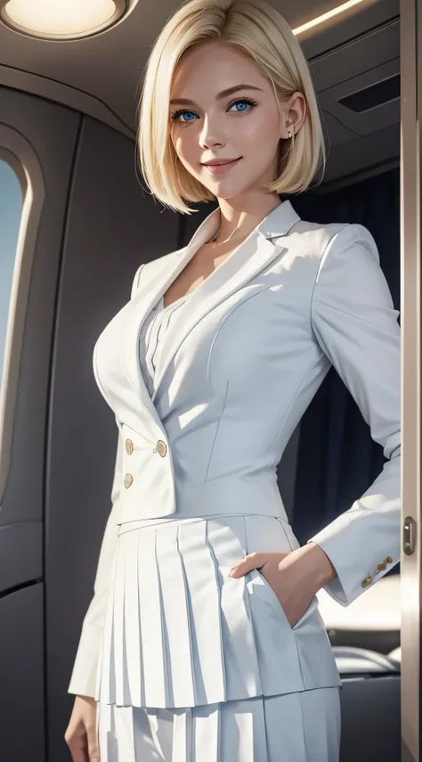 Young blonde with blue eyes and short straight hair , she is wearing,wearing a white blouse, Smooth white tight suit suit check pleated pleated skirt、,she is smiling, She is showing her teeth, night view, better quality, masterpiece, 8K, cinematic lighting...