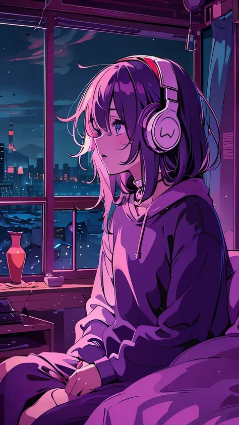 detailed anime girl, wearing a large sweater, wearing headband headphones, praise, quiet, quiet雰囲気, horrifying, looking at the w...