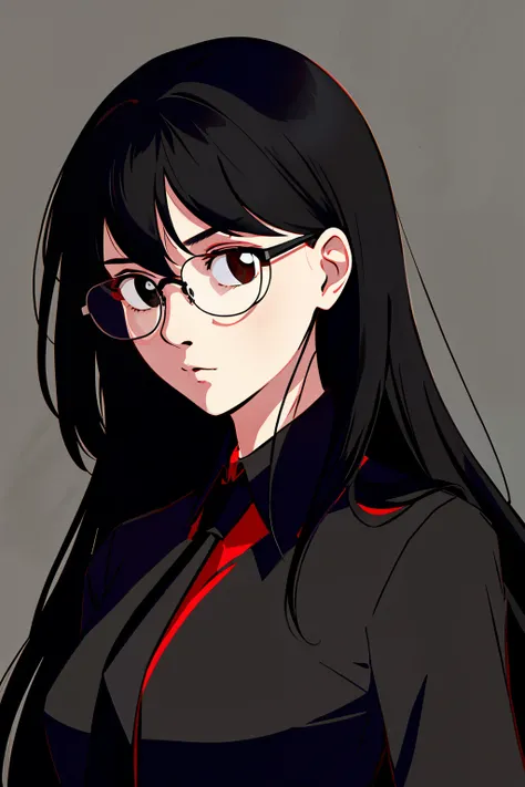 a 1girl, body complet, very detail, a lot of details, very extremely beautiful,  ((masterpiece, minimalism)), (long black Hair), black necktie, (red shirt), Dark colors, looks into space, ((glasses))