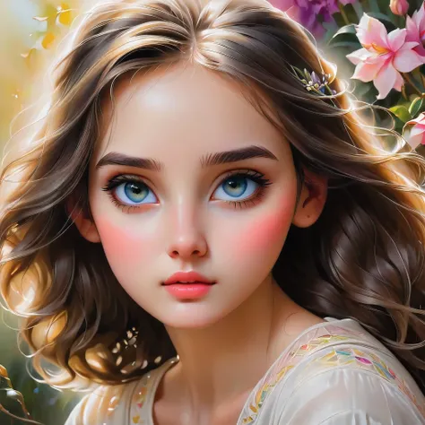 A girl with delicate features and captivating eyes in a portrait, bathed in soft lighting that enhances the timeless beauty and classical elegance. The vibrant colors of the oil painting create a captivating contrast, with the artists brushstrokes adding a...