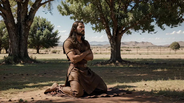 Its a bible story,Eliabs Decision to Confront Goliath: Image 3: Eliab kneeling in prayer beneath a solitary tree, his hands lifted in supplication, seeking divine wisdom and courage.related to bible and dress will be like jesus wears , hyper realistic, myt...