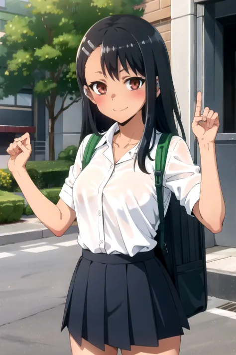 tall body, tall, long legs, mature female, mature, adult, Eft_Nagatoro_Main, nagatoro hayase, 1girl, blush, solo, shirt, black hair, bag, brown eyes, hair ornament, looking at viewer, hairclip, outdoors, backpack, smile, long hair, white shirt, dark-skinne...