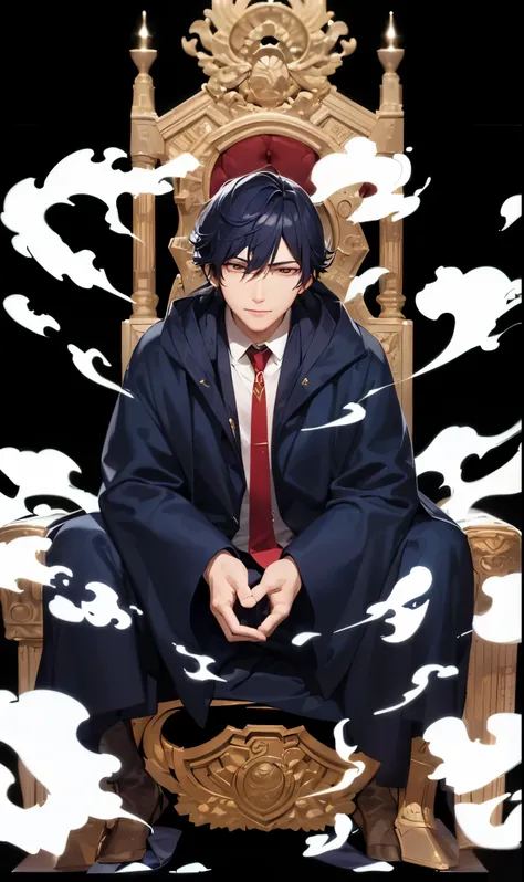 a handsome guy、serious expression、please close your mouth、cool and cool、navy robe and red tie、sit on a shining throne、manly、Highly Detailed CG Unity 8K Wallpaper, (super masterpiece, beautiful person, well detailed face polluted smile, It&#39;s photorealis...