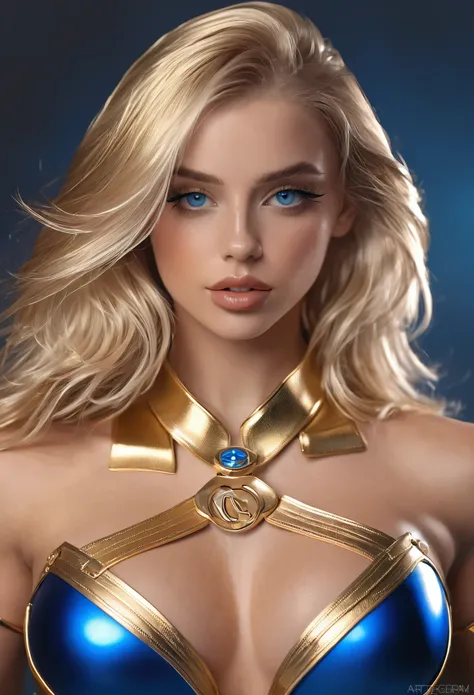 sexy superheroine wavy blonde hair glowing blue eyes wears a blue outfit gold shoulder pads gold bracelets revealing abs midriff...