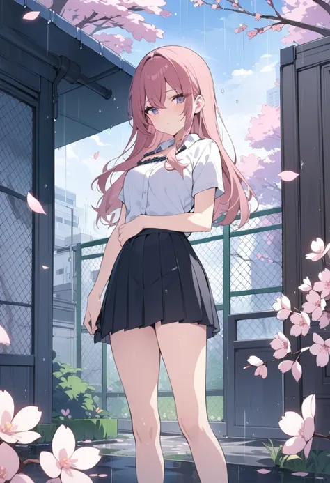 masterpiece, best quality,
1girl, black skirt, branch, building, chain-link fence, cherry blossoms, fence, long hair, outdoors, petals, pleated skirt, rain, shirt, short sleeves, skirt, solo, standing, tree,
sky,street