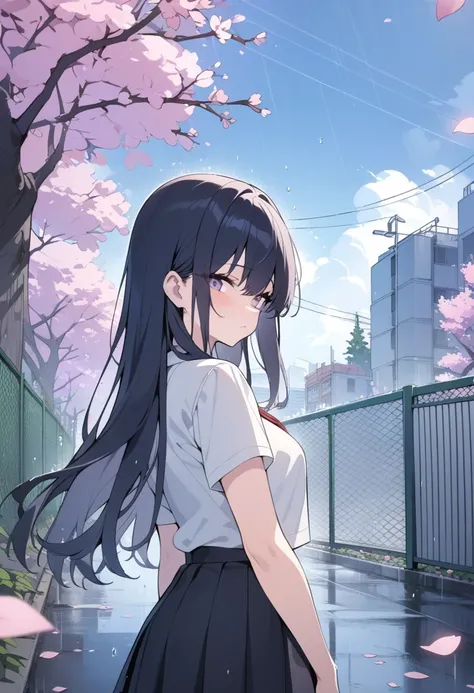 masterpiece, best quality,
1girl, black skirt, branch, building, chain-link fence, cherry blossoms, fence, long hair, outdoors, petals, pleated skirt, rain, shirt, short sleeves, skirt, solo, standing, tree,
sky,street