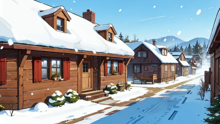 fantasy village, 10 houses, Wooden houses, tavern, notice board, spring, snow is melting, there is snow