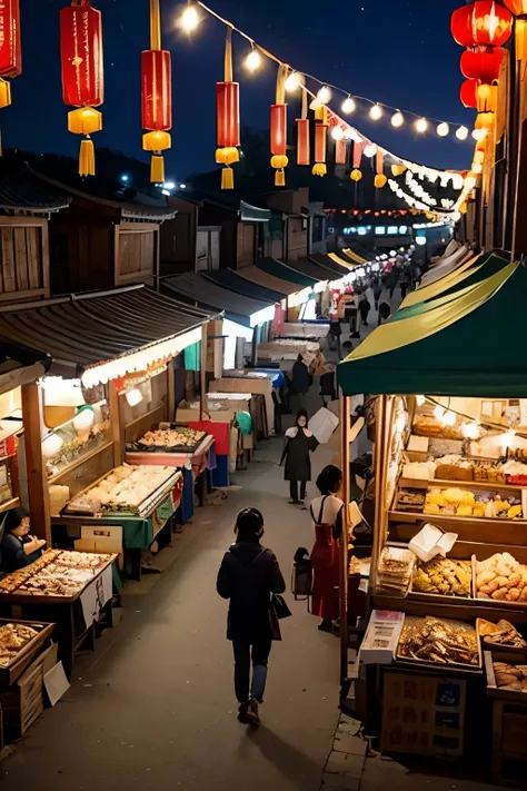 Night market in small county town in China。square，stall，Everybody，Third perspective