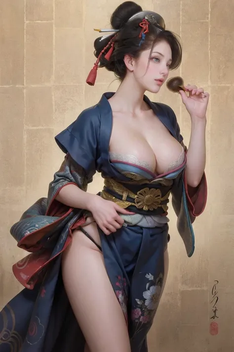 Umalinda warrior sexy, pretty face, Delicious Company, Alluring figure, Wearing a sexy open kimono. The artwork is created in a medium reminiscent of Japanese ink paintings....., Features bold strokes and Monochromatic color palette. artist&#39;Masterful t...