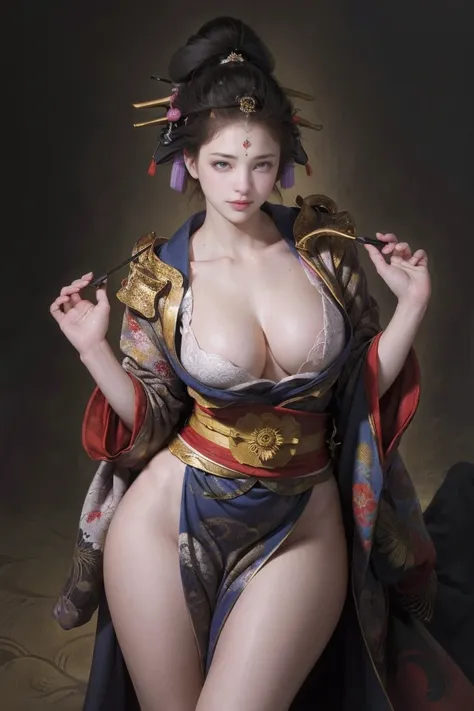 Umalinda warrior sexy, pretty face, Delicious Company, Alluring figure, Wearing a sexy open kimono. The artwork is created in a medium reminiscent of Japanese ink paintings....., Features bold strokes and Monochromatic color palette. artist&#39;Masterful t...