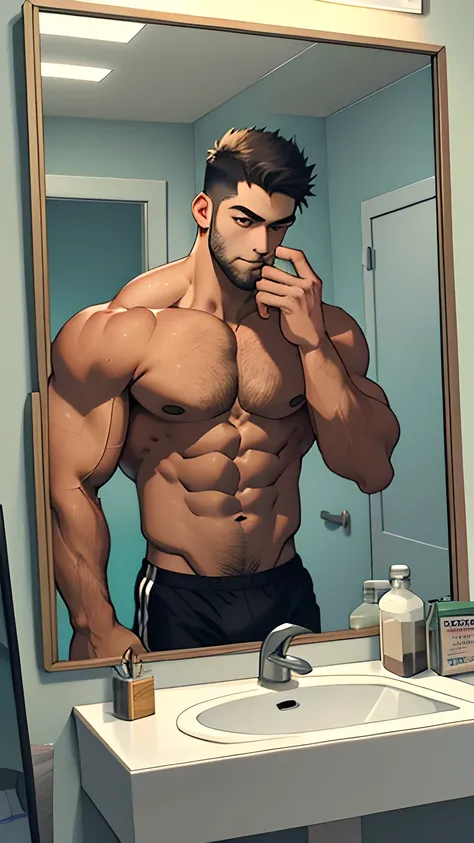 Illustration of a slim man admiring his bodybuilder image reflected in the mirror