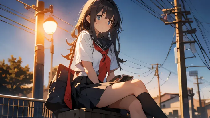 black hair、hair is long、18 year old female、chest is big、high school girl、Sarah uniform、morning、Sitting near a telephone pole、night