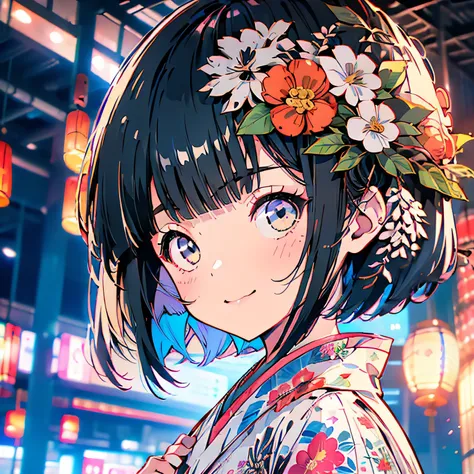 ((1girl,cute,japanese,young,short beautiful black hair,bob cut,blunt bangs,beautiful black eyes)),(solo),(japanese beautiful floral kimono,yukata),((masterpiece, highest resolution,best quality)), (beautiful illustration), (looking at the viewer), innocent...