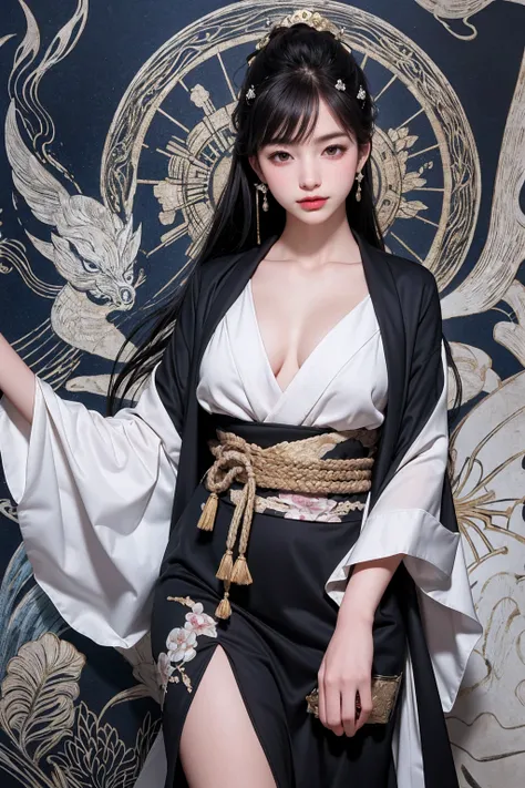 Umalinda warrior sexy, pretty face, Delicious Company, Alluring figure, Wearing a sexy open kimono. The artwork is created in a medium reminiscent of Japanese ink paintings....., Features bold strokes and Monochromatic color palette. artist&#39;Masterful t...