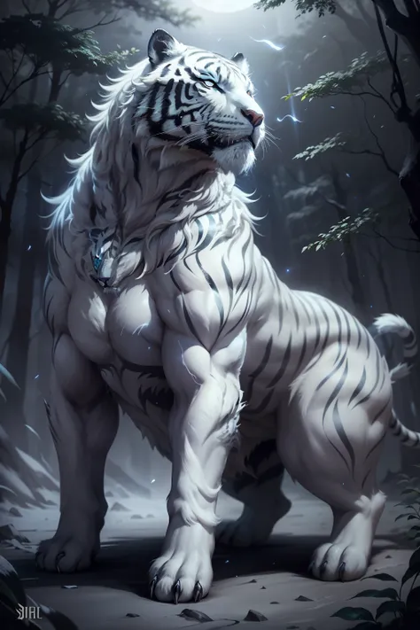 The majestic White Tiger, its sleek fur shimmering in the moonlight, paces calmly in a serene forest clearing. Its piercing yellow eyes gleam with an otherworldly wisdom, as if holding secrets of the universe. The air around it crackles with energy, and ev...