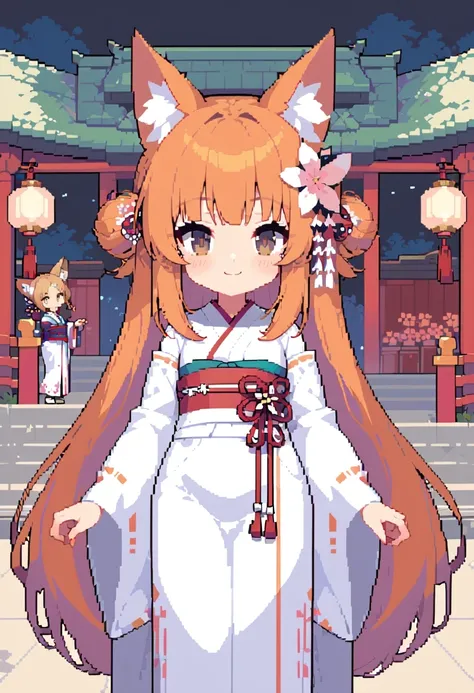 pixel art, masterpiece, best quality, Very detailed, 1 girl, alone, (:3:0.9), animal ear hair, Animal ears, orange hair, fluffy hair, blush, brown eyes, flower, fox ears, fox girl, slope, slope background, hair flower, hair accessories, japanese clothes, k...