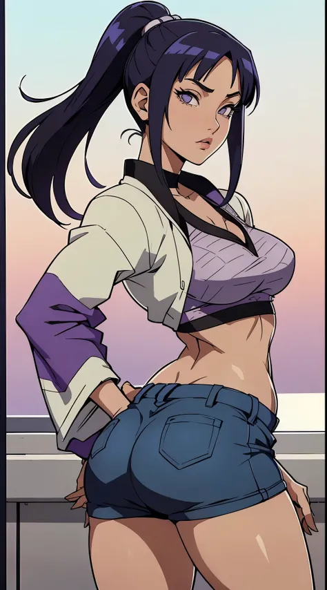 Hinata Hyuga, Anos 90, Moda Hip Hop, suburb, brooklyn 1993, Extremamente Realista, muito linda, sexy, bunda Grande, pernas grossas, usando um short curto, bunda empinada, estilo Hip Hop, anos 90, extremamente bonita