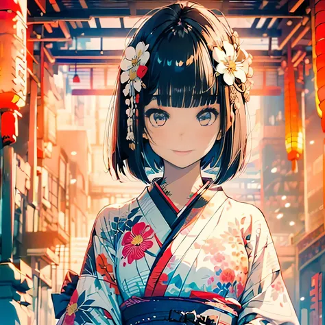 ((1girl,cute,japanese,young,short beautiful black hair,bob cut,blunt bangs,beautiful black eyes)),(solo),(japanese beautiful floral kimono,yukata),((masterpiece, highest resolution,best quality)), (beautiful illustration), (looking at the viewer), innocent...