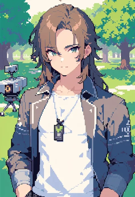 pixel art, Handsome guy aged 25-35, In the park, mullet, brown hair, close up, satellite images, backlight, ultra high definition, high quality, best quality, high resolution, 8K, 16K