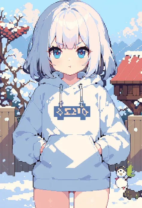 pixel art, A man in a sweatshirt, standing in the snow, Pout, close up, Inspired by Cai Hukun, Shin Jinying, Cheng Yanjun, Ruan Jian, Bian Luan, Jia Ruian