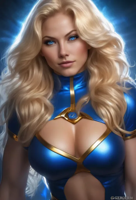 sexy superheroine wavy blonde hair glowing blue eyes wears a blue outfit gold shoulder pads gold bracelets revealing abs midriff...