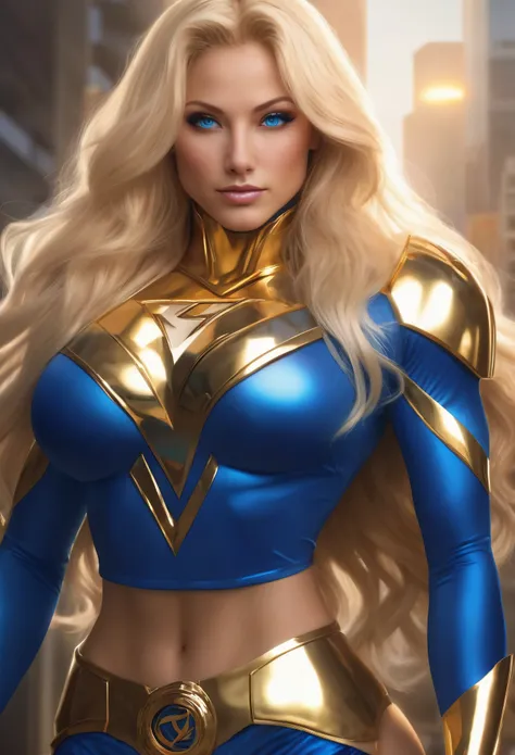 sexy superheroine wavy blonde hair glowing blue eyes wears a blue outfit gold shoulder pads gold bracelets revealing abs midriff...