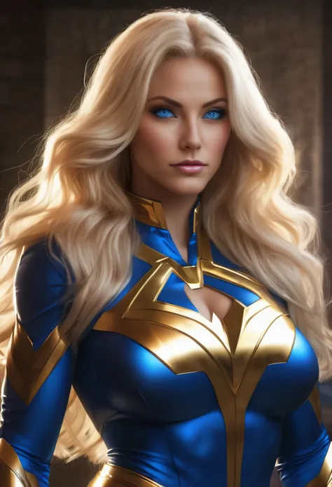 sexy superheroine wavy blonde hair glowing blue eyes wears a blue outfit gold shoulder pads gold bracelets revealing abs midriff...