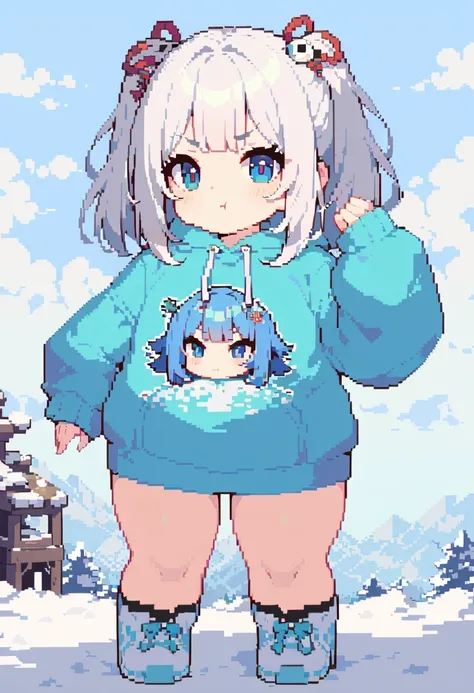 pixel art, A man in a sweatshirt, standing in the snow, Pout, close up, Inspired by Cai Hukun, Shin Jinying, Cheng Yanjun, Ruan Jian, Bian Luan, Jia Ruian