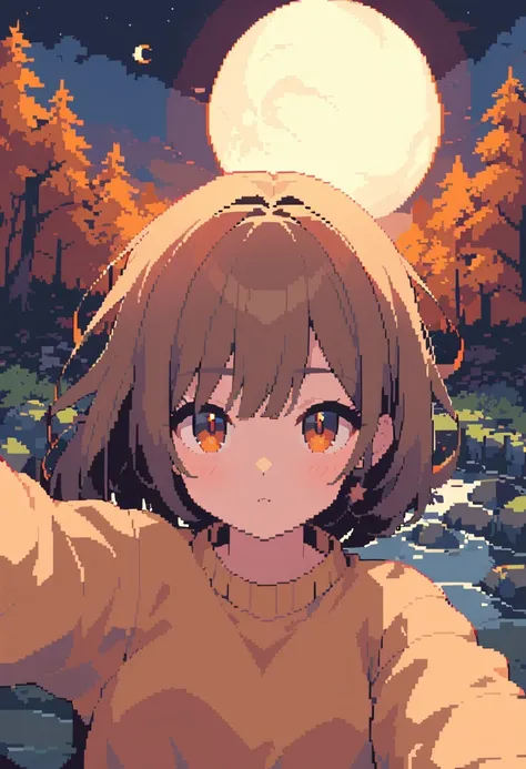 pixel art, Veronica Cipher ((Upper body selfie, happiness)), masterpiece, top quality, Ultra-detailed, alone, outdoor, (night), Mountain, nature, (Star, moon) hapiness, happiness, Gloves, sweater, have, flashlight, forest, rock, river, wood, smokes, shadow...