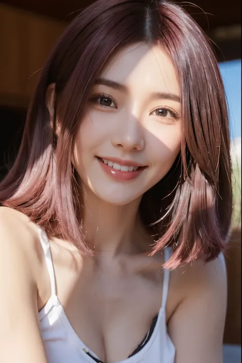 Smile, clear sunlight, dark pink hair