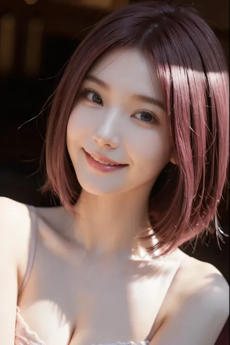 Smile, clear sunlight, dark pink hair