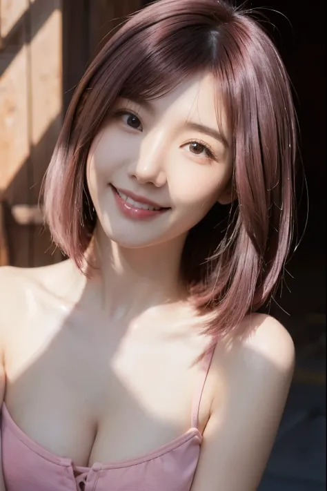 Smile, clear sunlight, dark pink hair