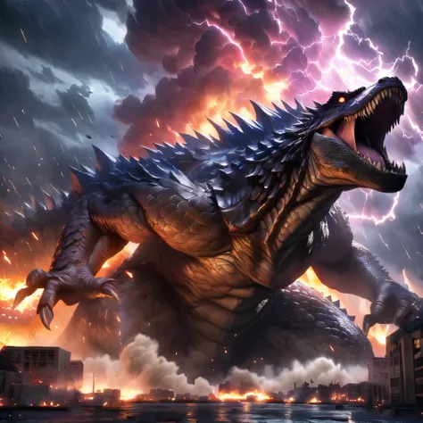 godzilla rampaging through a city, ancient creature, destructive, thunderstorm, thick smoke, disaster scene, massive size, immen...