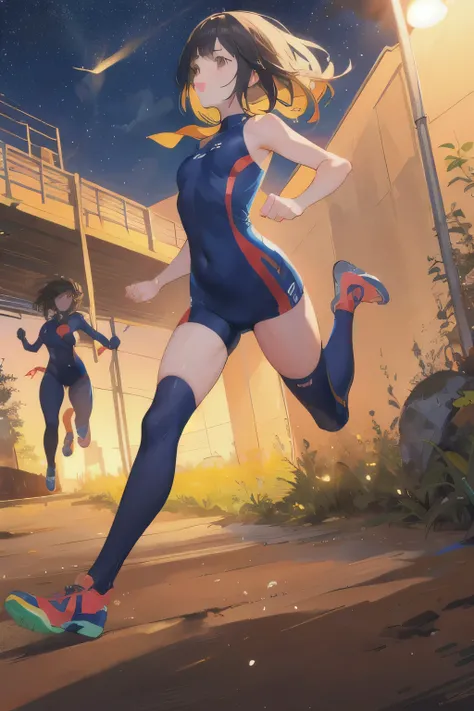 1 girl,night ground,sunny,Competitor,running figure