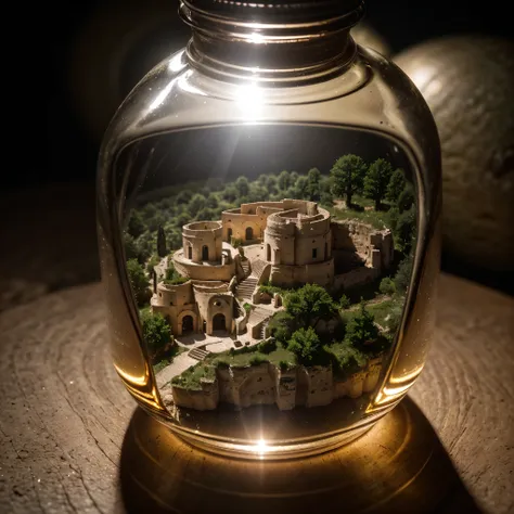 (an intricate minitown matera landscape trapped in a bottle), atmospheric oliva lighting, on the table, 4k uhd, dark vibes, hype...