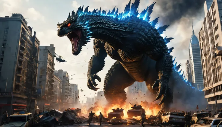 godzilla,monster,destructive,city destruction,fire-breathing,dramatic,urban chaos,roaring,massive,scaly,terrifying,cityscape,skyscrapers,toppling buildings,smoke and debris,chaotic battle,sirens blaring,helicopters,people fleeing in panic,nighttime,apocaly...