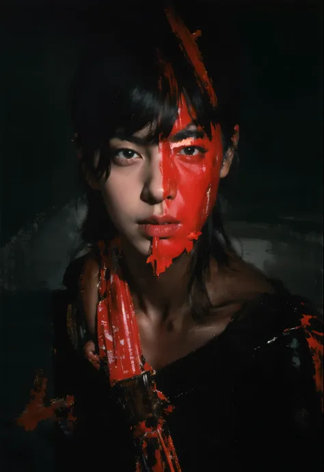 A female killer，red fluorescent light，angry eyes，murderer，revenge，reference《Kill Bill》Orc Arafad image, key character poster, Cai Xukun, critical art, Official fan art, He is very threatening and sexual, official artwork, red eyes, There is fire behind him...