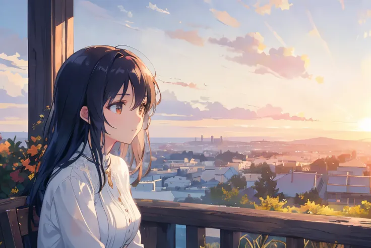 Create exquisite illustrations reminiscent of Makoto Shinkais style, It has ultra-fine details and top-notch quality. Create a high-quality illustration of a beautiful girl sitting atop a hill, gazing at the nostalgic sunset. Ensure that the overall compos...