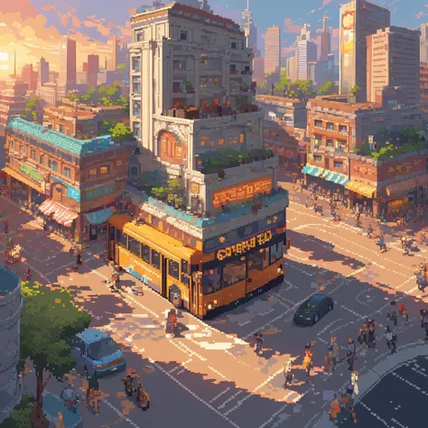 (highres,realistic) a colorful and vibrant pixel art masterpiece[art] depicting a bustling cityscape[scene]. The high-resolution[best quality,12k] image showcases intricate details[ultra-detailed] of the architecture, vehicles, and people in the city. The ...