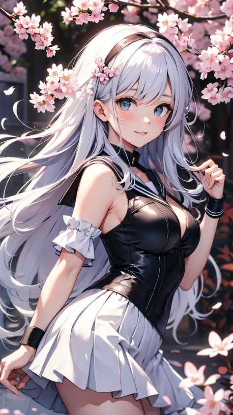 最high quality、best image quality、masterpiece、girl((18-year-old、 By becoming、vest bust、medium bust,wide open breast tea、shining eyes, silver hair、long hair、thin,highest valley、、white sailor suit、White short skirt、Wristband、smile、dance、song)),high quality、be...