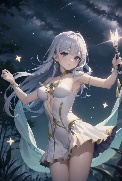 Subject: pretty magical girls.
Subtitle: masterpiece, fantastic, magical, powerful pose

Under a starry sky, in the centre of a mysterious forest, a pretty magical girl raises her glowing wand to the heavens. Around her, particles of seven-coloured magic d...