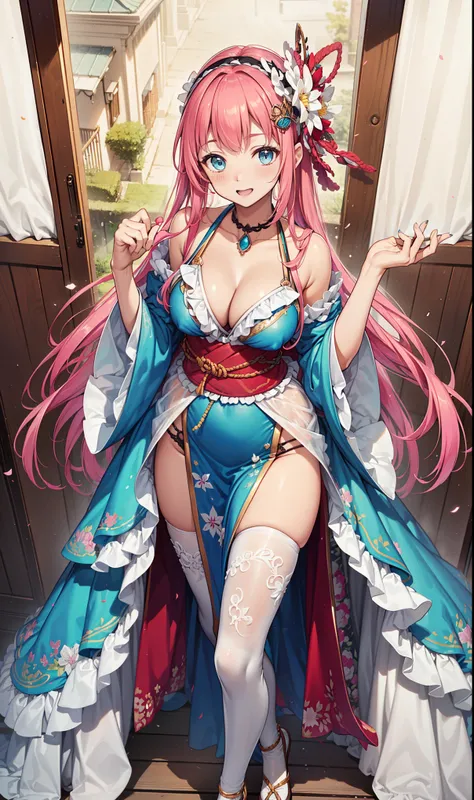 (best quality, high resolution, textured skin, high quality, high detail,Extremely detailed CG Unity),teenage girl，Obsessed，divine happiness，in love，(Swimwear and Kimono:1.2)，pink hair，blue eyes，(Fabric headwear minimalism，Multi-layered delicate ruffles，lo...