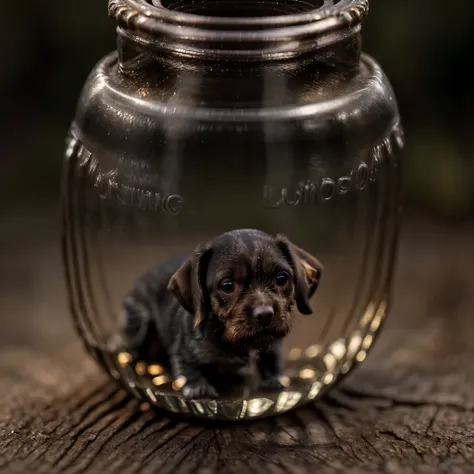 (an intricate minidog drahthaar trapped in a bottle), atmospheric oliva lighting, on the table, 4k uhd, dark vibes, hyper detail...