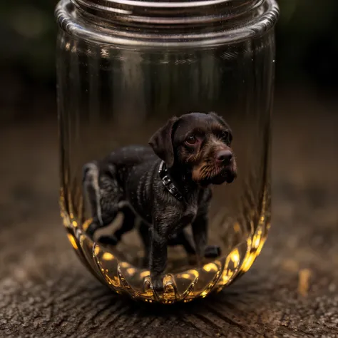 (an intricate minidog drahthaar trapped in a bottle), atmospheric oliva lighting, on the table, 4k uhd, dark vibes, hyper detail...