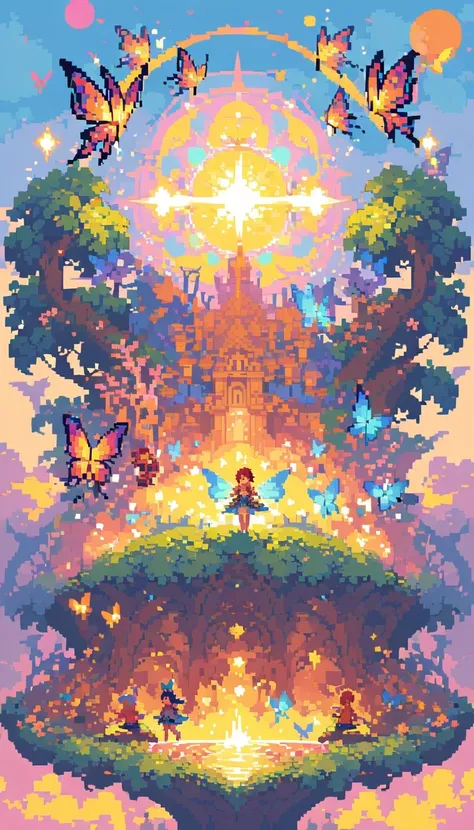 pixel art,girl,flowers,vibrant colors,bright,playful,retro,glowing,sparkling,sunshine,butterflies,magic,fantasy,floating,endless,twinkling,mystical,fairy tale,childhood memories,joyful,happiness