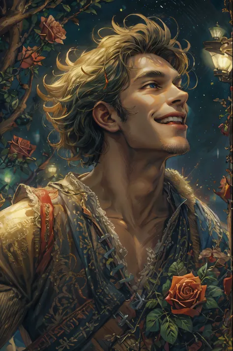 (absurdres, highres, ultra detailed), 1 male, adult, handsome, tall muscular guy, broad shoulders, intricate details, colorful, portrait, looking up, solo, half shot, detailed background, detailed face, (medieval high fantasy theme:1.1), medieval fantasy (...